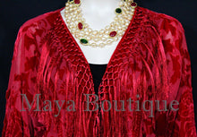True Red Kimono Fringe Jacket SILK Burnout Velvet Short Maya Matazaro Plus Size