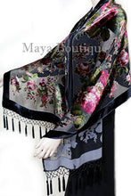 Black Wrap Scarf Shawl Silk Burnout Velvet English Rose Beaded Maya Matazaro