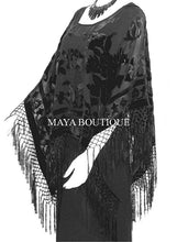 Black Silk Burnout Velvet Poncho Shawl Fringe Top Maya Matazaro One Size