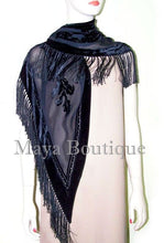 Black Shawl Wrap Scarf Silk Burnout Velvet Triangle With Fringes Maya Matazaro