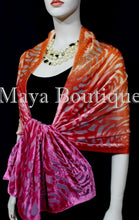 Maya Matazaro Hand Dyed Magenta Orange Camellia Shawl Wrap Scarf Burnout Velvet