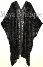 Black Camellia Burnout Velvet Caftan Kimono Duster Jacket Maya Matazaro USA Made