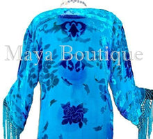 Silk Burnout Velvet Fringes Jacket Kimono Turquoise Blues Tye Dyed Maya Jackets