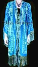 Sky Blue Silk Burnout Velvet Fringes Jacket Kimono Long Coat Maya Matazaro USA