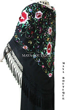 Embroidered Silk Piano Shawl Wrap Flamenco Roses Black Fringe 61" Maya Matazaro