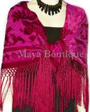 Piano Shawl Wrap Scarf Silk Burnout Velvet MAGENTA Fringed Square Maya Matazaro