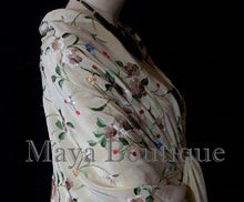 Maya Matazaro Flamenco Embroidered Silk Piano Shawl Wrap Fringed Scarf Beige 84"