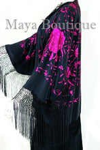 Maya Matazaro Embroidered Silk Fringe Jacket Kimono Black & Fuchsia Short