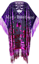 Violet Fuchsia Kimono Caftan Fringe Jacket Silk Burnout Velvet Hand Dyed Maya