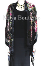 Black Wrap Scarf Shawl Silk Burnout Velvet English Rose Beaded Maya Matazaro