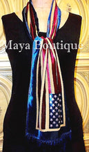 American USA Flag Silk Burnout Velvet Scarf Wrap With Fringes Maya Matazaro