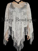 Ivory Maya Matazaro Silk Burnout Velvet Poncho Top Piano Shawl Fringed Wrap