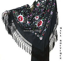 Embroidered Silk Piano Shawl Wrap Flamenco Roses Black Fringe 61" Maya Matazaro