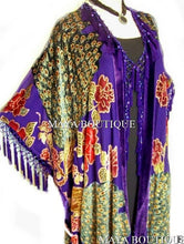 Beaded Peacock & Rose Silk Burnout Velvet Kimono Opera Coat Purple Maya Matazaro