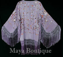 Maya Matazaro Embroidered Silk Fringe Jacket Kimono Lilac Multi Birds Flower