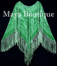 Green Silk Burnout Velvet Poncho Fringe Top Shawl Hand Dyed Maya Matazaro
