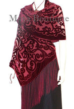 Maya Matazaro Shawl Wrap Scarf Burnout Velvet Art Nouveau Deep Red Fringed