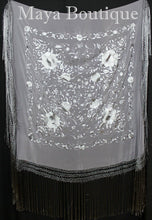 Flamenco Embroidered Silk Piano Shawl Wrap Dusk Gray Floral 84" Maya Matazaro