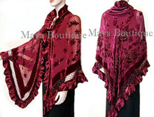 BURGUNDY Shawl Scarf Wrap Silk Burnout Velvet Triangle Ruffles Maya Matazaro