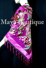Piano Shawl Scarf Wrap Fuchsia Victorian Rose Silk Burnout Velvet Beaded Fringes