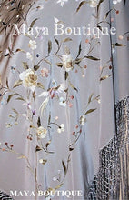 Flamenco Embroidered Silk Piano Shawl Wrap Silver Multi Flower & Birds 84" Maya