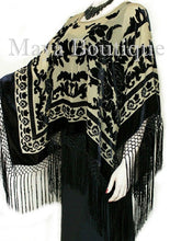 Poncho Kimono Fringe Top Shawl Beige & Black Silk Burnout Velvet Maya Matazaro