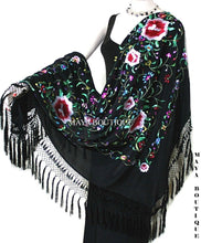 Embroidered Silk Piano Shawl Wrap Flamenco Roses Black Fringe 61" Maya Matazaro