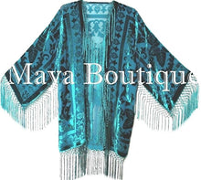 Teal Silk Burnout Velvet Fringe Jacket Kimono Short Maya Matazaro
