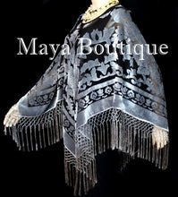 Poncho Shawl top With Fringe Silver Gray Black Burnout Velvet Maya Matazaro