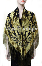 Antique Gold & Black Burnout Velvet Piano Shawl Square Fringed Maya Matazaro