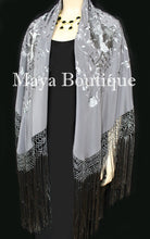 Flamenco Embroidered Silk Piano Shawl Wrap Dusk Gray Floral 84" Maya Matazaro