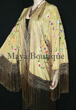 Gold Beige Silk Embroidered Fringe Jacket Flamenco Kimono Multi Maya Matazaro