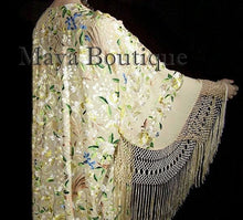 Embroidered Silk Opera Coat Kimono Fringe Jacket Birds & Flowers Pastels Greens