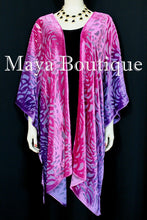 Pink Purple Camellia Burnout Velvet Caftan Kimono Duster Hand Dyed Maya Matazaro