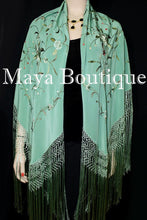 Flamenco Embroidered Silk Piano Shawl Wrap Tiffany Green Hand Dyed Maya Matazaro