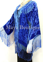 Maya Clothing Royal Blue Fringe Jacket Kimono Short Silk Burnout Velvet Hand Dye
