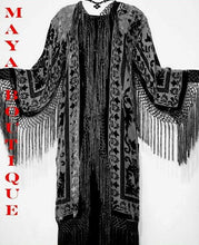 Black Silk Burnout Velvet Fringes Jacket Kimono Long Coat Maya Matazaro