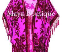 Maya Matazaro Fuchsia Beaded Silk Burnout Velvet Kimono Opera Coat Fringe Jacket