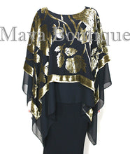 Maya Matazaro Layered Poncho Top Silk Burnout Velvet Chiffon Black Antique Gold