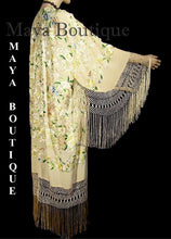 Embroidered Silk Opera Coat Kimono Fringe Jacket Birds & Flowers Pastels Greens