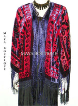 Burnout Velvet Silk Fringe Jacket Kimono Red & Navy Maya Matazaro NEW