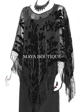 Black Silk Burnout Velvet Poncho Shawl Fringe Top Maya Matazaro One Size