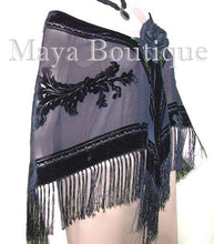 Black Shawl Wrap Scarf Silk Burnout Velvet Triangle With Fringes Maya Matazaro