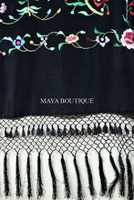 Embroidered Silk Piano Shawl Wrap Flamenco Roses Black Fringe 61" Maya Matazaro