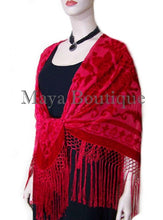 Scarlet Red Silk Burnout Velvet Piano Shawl Wrap Fringed Scarf Maya Matazaro