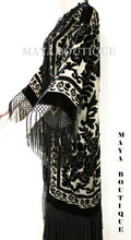 Maya Matazaro Beige & Black Silk Burnout Velvet Fringes Jacket Kimono Long Coat