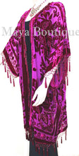 Maya Matazaro Fuchsia Beaded Silk Burnout Velvet Kimono Opera Coat Fringe Jacket
