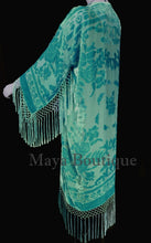 Maya Matazaro Silk Burnout Velvet Fringes Jacket Kimono Long Coat Tiffany Mint