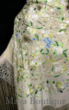 Flamenco Embroidered Silk Piano Shawl Wrap Pastels Flower Birds Greens 90" Maya