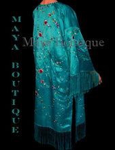 Silk Kimono Duster Coat Kimono All Embroidered & Lined Turquoise Maya Matazaro